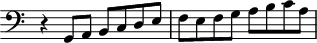 
\header {
 tagline = ##f
}

\score {
 \new Staff \with {
 \remove "Time_signature_engraver"
 }
<<
 \relative c {
 \key c \major
 \clef bass
 \time 2/2
 \override TupletBracket #'bracket-visibility = ##f 

 %%% f° 32
 r4 g8 a b c d e f e f g a b c a

 }
>>
 \layout {
 \context { \Score \remove "Metronome_mark_engraver" }
 }
 \midi {}
}
