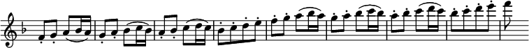 { \override Score.TimeSignature #'stencil = ##f \key f \major \time 2/4 \relative c' { f8-.  g-.  a( bes16 a) |  g8-.  une-.  bes( c16 bes) |  a8-.  bes-.  c(d16c) |  bes8-.[ c-.  ré-.  e-.] |  F-.  g-.  a( bes16 a) |  g8-.  une-.  bes( c16 bes) |  a8-.  bes-.  c(d16c) |  bes8-.[ c-.  ré-.  e-.] |  fs } }