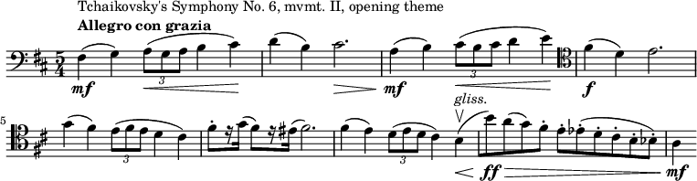 
    \relative c {
        \set Score.tempoHideNote = ##t \tempo 4 = 144
        \set Staff.midiInstrument = #"cello"
        \clef bass
        \key d \major
        \time 5/4
        fis4\mf(^\markup {
              \column {
                \line { Tchaikovsky's Symphony No. 6, mvmt. II, opening theme }
                \line { \bold { Allegro con grazia } }
            }
        }
        g) \tuplet 3/2 { a8(\< g a } b4 cis)\!
        d( b) cis2.\>
        a4(\mf b) \tuplet 3/2 { cis8(\< b cis } d4 e)\!
        \clef tenor
        fis(\f d) e2. \break
        g4( fis) \tuplet 3/2 { e8( fis e } d4 cis)
        fis8-. [ r16 g( ] fis8) [ r16 eis( ] fis2.)
        fis4( e) \tuplet 3/2 { d8( e d } cis4) b\upbow(\<^\markup { \italic gliss. }
        [ b'8)\ff\> a( g) fis-. ] e-. [ es-.( d-. cis-. b-. bes-.) ]
        a4\mf
}
