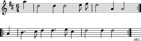 
\language "italiano"
\defineBarLine "z" #'(":|." ".|:" "")
\score {
  \relative do'' {
    \time 6/4
    \key re \major
    \autoBeamOff
    \partial 4 la'4 | re,2 re4 re2 mi8 fad | mi2 la,4 la2 \bar "z" \break
    \override Score.Clef.break-visibility = ##(#f #f #f)
    \override Score.KeySignature.break-visibility = ##(#f #f #f)
    la4 | si4. dod8 re4 re4. mi8 dod4 | re2 re4 re2 \bar ":|." s8_\markup { \italic "etc." }
 }
  \layout {
    \context { \Staff 
               \RemoveEmptyStaves 
             }
    indent = 0\cm
    line-width = #120
    \override Score.BarNumber #'stencil = ##f
  }
  \midi { }
}
\header { tagline = ##f}
