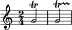  {\ relative c '' {\ time 2/4 g2 \ trill g \ startTrillSpan \ stopTrillSpan}}
