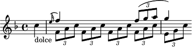 
\header {
  tagline = ##f
}

\score {
  \new Staff \with {

  }
<<
  \relative c' {
    \key f \major
    \time 4/4
    \override TupletBracket #'bracket-visibility = ##f 
    \autoBeamOff

     %%%%%%%%%%%%%%%%%%%%%%%%%% K30 Il faut retourner les queue de note de la voix supérieure. Comment ?
     \partial 4 c'-"dolce"

           <<
                 \new Voice                                
                 \relative c'
                 {       \voiceOne 
                         \grace e'16( f4) s2 {\times 2/3 { f8( g a )) g4) 
                 }
                                        
                 \new Voice              
                 \relative c''
                 {      \voiceTwo          
                        \times 2/3 { f,8 a c } \times 2/3{ f,8 a c } \times 2/3{ f,8 a c } \times 2/3{ f,8 a c } \times 2/3{ e, g c }
                 }
         >>
  }
>>
  \layout {
    \context {
      \remove "Metronome_mark_engraver"
    }
  }
  \midi {}
}
