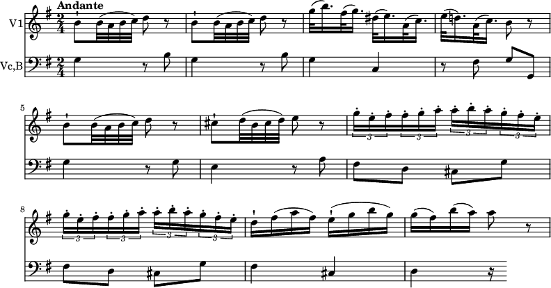 
<<
\new Staff \with { instrumentName = #"V1"}
\relative c'' { 
\version "2.18.2"
 \clef "treble" 
 \key g \major
 \time 2/4
 \tempo "Andante" 
   b8-! b32 (a b c) d8 r8
   b8-! b32 (a b c) d8 r8
   g32 (b16.) fis32 (g16.) dis32 (e16.) a,32 (c16.)
   e32 (d!16.) a32 (c16.) b8 r8
   b8-! b32 (a b c) d8 r8
   cis8-! d32 (b cis d) e8 r8
   \tuplet 3/2 {g16-. e-. fis-.} \tuplet 3/2 {fis16-. g-. a-.} \tuplet 3/2 {a16-. b-. a-.}  \tuplet 3/2 {g16-. fis-. e-.}
   \tuplet 3/2 {g16-. e-. fis-.} \tuplet 3/2 {fis16-. g-. a-.} \tuplet 3/2 {a16-. b-. a-.}  \tuplet 3/2 {g16-. fis-. e-.}
   d16-! fis (a fis) e-! (g b g)
   g (fis) b (a) a8 r8
}
\new Staff \with { instrumentName = #"Vc,B"}
\relative c'' { 
 \clef "bass" 
 \key g \major
 \time 2/4
 \tempo "Andante" 
   g,4 r8 b8
   g4 r8 b8
   g4 c,
   r8 fis8 g g,
   g'4 r8 g8
   e4 r8 a8
   fis d cis g'
   fis d cis g'
   fis4 cis
   d r16
}
>>
