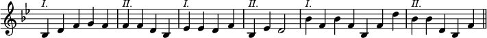 { \override Score.TimeSignature #'stencil = ##f \key bes \major \relative b { \cadenzaOn bes4^\markup { \smaller \italic I. } d f g f \bar "|" f^\markup { \smaller \italic II. } f d bes \bar "|" ees^\markup { \smaller \italic I. } ees d f \bar "|" bes,^\markup { \smaller \italic II. } ees d2 \bar "|" bes'4^\markup { \smaller \italic I. } f bes f bes, f' d' \bar "|" bes^\markup { \smaller \italic II. } bes d, bes f' \bar "||" } }