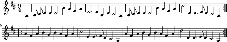 { \relative a { \key d \major \time 9/4 \partial 4
%note that the time signature 3/9 is meaningless in modern music, but as it indicates compound triple time I have set it using that time signature
  \repeat volta 2 { a4 | b8\noBeam cis d4 d d2 b'4 a fis a |
    e2. e4 b d cis2 a4 | %end line 1
    b8\noBeam cis d4 d d2 b'4 a fis a |
    d2 d,4 d4. e8 d4 cis2 a4 } %end line 2
  \repeat volta 2 { a'4 fis a b g b a fis a |
    cis2 e,4 e4. fis8 d4 cis2 a4 | %end line 3
    a'4 fis a b g b a fis a |
    d2 d,4 d4. e8 d4 cis2 a4 } } }