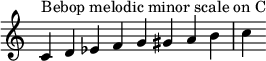  {
\override Score.TimeSignature #'stencil = ##f
\relative c' {
 \clef treble \time 8/4
 c4^\markup { Bebop melodic minor scale on C } d es f g gis a b c
} }
