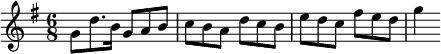 
\relative c'' {
\clef G
\key g \major
\time 6/8
\set Staff.midiInstrument = #"trumpet"
  g8 d'8. b16
  g8 a8 b8
  c8 b8 a8 
  d8 c8 b8
  e8 d8 c8
  fis8 e8 d8
  g4
}
