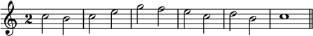  %p138s1
\relative c''{
\clef G
\key c \major
\override Staff.TimeSignature #'style = #'single-digit
\time 2/2
c2 b | c e | g f | e c | d b | c1 
\bar "||" 
}
