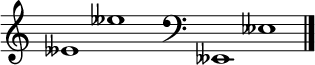 
\new Staff \with
{
 \omit TimeSignature
 fontSize = #2
 \override StaffSymbol.staff-space = #1.25
 \override StaffSymbol.thickness = #1.25
 \override Clef.full-size-change = ##t
 \override BarLine.hair-thickness = #2.4
 \override BarLine.thick-thickness = #7.5
 \override BarLine.kern = #3.75
 \override BarLine.transparent = ##t
}
{
 \time 18/8
 \clef treble
 s8
 eses'1 eses''
 s8
 \grace s8
 \clef bass
 \bar "|"
 s8
 eses,1 eses
 \override Staff.BarLine.transparent = ##f
 \bar "|."
}
