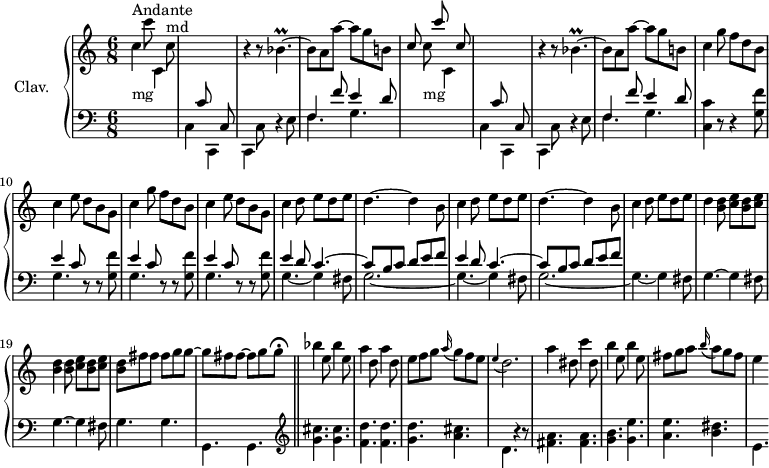 
\version "2.18.2"
\header {
  tagline = ##f
  % composer = "Domenico Scarlatti"
  % opus = "K. 398"
  % meter = "Andante"
}

%% les petites notes
trillBespUpUp    = { \tag #'print { bes''4.\prall~ } \tag #'midi { c32 bes c bes~ bes4~ } }
appoDb           = { \tag #'print { \appoggiatura e4 d2. } \tag #'midi { e4 d2 } }

upper = \relative c'' {
  \clef treble 
  \key c \major
  \time 6/8
  \tempo 4. = 98
  \set Staff.midiInstrument = #"harpsichord"
  \override TupletBracket.bracket-visibility = ##f

      s8*0^\markup{Andante}
      s4 c'8 s4 c,8^\markup{md} | \stemUp \change Staff = "lower" s4 c,8 s4 c,8  \stemNeutral  \change Staff = "upper" r4 r8 \trillBespUpUp | bes8 a a'~ a g b, |
      % ms. 5
      \stemUp c8 s8 c'8 s4 c,8 | \stemUp \change Staff = "lower" s4 c,8 s4 c,8 \stemNeutral  \change Staff = "upper" r4 r8 \trillBespUpUp | bes8 a a'~ a g b, | \repeat unfold 2 { c4 g'8 f d b |
      % ms. 10 et 13
      c4 e8 d b g } | \repeat unfold 2 { c4 d8 e d e |
      % ms. 14
      d4.~ d4 b8 } | c4 d8 e d e | 
      % ms. 18
      d4 \repeat unfold 2 { < b d >8 < c e > } | < b d >4 \repeat unfold 2 { < b d >8 < c e > } | < b d >8 fis' fis fis~ g g~ | g fis fis~ fis g   \tempo 4. = 25 g\fermata   \bar "||"   \tempo 4. = 98
      % ms. 22
      bes4 e,8 bes'4 e,8 | a4 d,8 a'4 d,8 | e f g  \appoggiatura a16 g8 f e | \appoDb |
      % ms. 26
      a'4 dis,8 c'4 dis,8 | b'4 e,8 b'4 e,8 | fis g a \appoggiatura b16 a8 g fis | e4 s8

}

lower = \relative c' {
  \clef bass
  \key c \major
  \time 6/8
  \set Staff.midiInstrument = #"harpsichord"
  \override TupletBracket.bracket-visibility = ##f

    % ************************************** \appoggiatura a16  \repeat unfold 2 {  } \times 2/3 { }   \omit TupletNumber 
      \stemDown \change Staff = "upper" c'4_\markup{mg} s8 c,4 s8  | \stemDown \change Staff = "lower" c,4 s8  c,4 s8 | c4 c'8 r4 e8 | << { f4 f'8 e4 d8 } \\ { \mergeDifferentlyDottedOn f,4. g } >>
      % ms. 5
      s8 \stemDown \change Staff = "upper" c'8_\markup{mg} s8 c,4 s8 | \stemDown \change Staff = "lower" c,4 s8 c,4 s8 | c4 c'8 r4 e8 | << { f4 f'8 e4 d8 } \\ { \mergeDifferentlyDottedOn f,4. g } >> | < c, c' >4 r8 r4 \repeat unfold 3 { < g' f' >8
      % ms. 10 et fin 12
      << { e'4 c8 } \\ { g4. } >> r8 r8 } < g f' >8 | << { \repeat unfold 2 { e'4 d8 c4.~ | c8 b c  d e f } } \\ { \repeat unfold 2 { g,4.~ g4 fis8 | g2.~ } g4.~ g4 fis8 } >> 
      % ms. 18
      \repeat unfold 2 { g4.~ g4 fis8 } | g4. g | g, g
      % ms. 22
        \clef treble  < g'' cis >4. q | < f d' > q | < g d' > < a cis > | d,4. r4 r8 |
      % ms. 26
      < fis a >4. q | < g b > < g e' > | < a e' > < b dis > | e,4.

}

thePianoStaff = \new PianoStaff <<
    \set PianoStaff.instrumentName = #"Clav."
    \new Staff = "upper" \upper
    \new Staff = "lower" \lower
  >>

\score {
  \keepWithTag #'print \thePianoStaff
  \layout {
      #(layout-set-staff-size 17)
    \context {
      \Score
     \override SpacingSpanner.common-shortest-duration = #(ly:make-moment 1/2)
      \remove "Metronome_mark_engraver"
    }
  }
}

\score {
  \keepWithTag #'midi \thePianoStaff
  \midi { }
}
