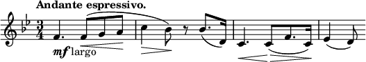  \relative c' {  \key bes \major \time 3/4 \tempo "Andante espressivo."
         f4._\markup { \dynamic mf largo } f8\<( g a\! c4\> bes8\!) r bes8.( d,16) c4.\< c8\>[( f8. c16\!)] es4( d8)}
