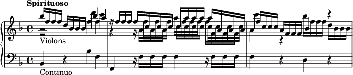 
\version "2.18.2"
\header { 
  tagline = ##f
}
upper = \relative c'' {
  \clef treble 
  \key f \major
  \time 4/4
  \tempo "Spirituoso"
  \tempo 4 = 98
  %\override TupletBracket.bracket-visibility = ##f

   %% Scarlatti — Dixit Dominus [IV] incipit
   << { bes'16_\markup{Violons} f f f d bes bes bes bes'4 a | r16 f16 f f f  c c c c a' a a a a, a a | f' c c c a f f f bes4 r4 } \\ { r2 d'4 c s4 s16 f,16 f f \repeat unfold 8 { c16 } | c'4 r4 bes16 f f f d bes bes bes } \\{ \stemDown a2\rest f'4 f g,4\rest g16\rest a16 a a a' f f f f f, f f | a4 } >>

}

lower = \relative c {
  \clef bass
  \key f \major
  \time 4/4

   bes4-\markup{Continuo} r4 bes'4 f | f, r16 f'16 f f f4 r16 f16 f f | f4 r4 d4 r4
}

\score {
  \new PianoStaff <<
    \new Staff = "upper" \upper
    \new Staff = "lower" \lower
  >>
  \layout {
    #(layout-set-staff-size 17)
    \context {
      \Score
       \override SpacingSpanner.common-shortest-duration = #(ly:make-moment 1/2)
    }
  }
  \midi { }
}
