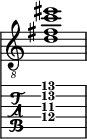  
<<
  %\override Score.BarLine.break-visibility = ##(#f #t #t)
  \time 1/1
    \new Staff  {
    \clef "treble_8"
        \once \override Staff.TimeSignature #'stencil = ##f
        <  d' fis' c'' eis''>1
    }

     \new TabStaff {
       \override Stem #'transparent = ##t
       \override Beam #'transparent = ##t 
      <  d'\4 fis'\3 c''\2 f''\1>1
  }
>>
