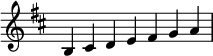 {
\omit Score.TimeSignature \relative c' {
  \key d \major \time 7/4 b cis d e fis g a } }