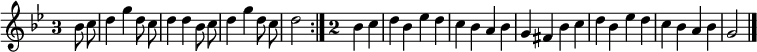 
\relative c'' {
  \key g \minor
  \override Staff.TimeSignature #'style = #'single-digit
  \time 3/4
  \partial 4
  \autoBeamOff
  \repeat volta 2 {
    bes8 c
    d4 g d8 c
    d4 d bes8 c
    d4 g d8 c
    d2
  }
  \time 2/2
  bes4 c
  d bes ees d

  c bes a bes
  g fis bes c
  d bes ees d
  c bes a bes
  g2
  \bar "|."
}
