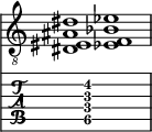  
<<
  %\override Score.BarLine.break-visibility = ##(#f #t #t)
  \time 2/1
    \new Staff  {
    \clef "treble_8"
        \once \override Staff.TimeSignature #'stencil = ##f
        < dis eis ais dis' >1 | < ees f bes ees' >1 |
    }

     \new TabStaff {
       \override Stem #'transparent = ##t
       \override Beam #'transparent = ##t 
      s2 < dis\5 f\4 ais\3 dis'\2 >1 s2
  }
>>
