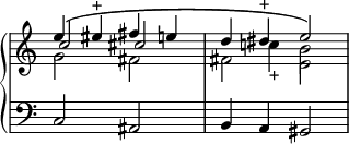 
\language "italiano"
upper = \relative do'' {
  \override Staff.TimeSignature #'stencil = ##f
  \clef treble
  \key do \major
  <<  {
        \voiceOne
        mi4\( mid^\markup{+} fad mi | re red^\markup{+} mi2\)
      }
      \new Voice {
        \voiceTwo
        \stemUp \shiftOn do2 dod | s4 \stemDown \shiftOn do!_\markup{+}  si2
      }
      \new Voice {
        \voiceThree
        \stemDown sol2 fad | fad mi
      }
    >>
}
lower = \relative do {
  \override Staff.TimeSignature #'stencil = ##f
  \clef bass
  \key do \major
   do2 lad | si4 la sold2
}
\score {
  \layout {
    \context {
      \Score
      \override SpacingSpanner.base-shortest-duration = #(ly:make-moment 1/16)
    }
  }
  \new PianoStaff <<
    \new Staff = "upper" \upper
    \new Staff = "lower" \lower
  >>
}
\header { tagline = ##f}
\paper {
  indent = 0
  line-width = #120
}
