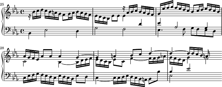 
\version "2.18.2"
\header {
  tagline = ##f
}

upper = \relative c'' {
    \clef treble 
    \key ees \major
    \time 4/4
    \tempo 4 = 60
    \set Score.currentBarNumber = #25
    \set Staff.midiInstrument = #"harpsichord"
    %\context Score \applyContext #(set-bar-number-visibility 4)
    \bar ""

   %% PRÉLUDE CBT I-7, BWV 852, mi-bémol majeur
   << { s1 s2 r16 aes16 bes c bes aes g f g ees' f g f ees d c bes8 c16 d ees d c bes | aes  g f ees aes8 aes aes4 g~ g a bes8 c d4~ d~ d16 d c bes a } \\ { r16 bes16 c d c bes a g f8 g16 a bes a g f | ees d c bes ees8 ees ees4 s4 s1 c2 bes4~ bes16 d ees f ees d c bes ees8 c f4~ f16 f g aes g f ees d g4 f2*1/4 } >>
   
}

lower = \relative c' {
    \clef bass 
    \key ees \major
    \time 4/4
    \set Staff.midiInstrument = #"harpsichord" 

       
       << { s1 s2. d4 ees aes,2 g4 s2 s2 s1 bes4 ees2 } \\ { bes,4 ees2 d4 g2 f ees4. f8 g f ees d c16 ees f g f ees d c ees d c bes ees8 d c4~ c16 c d ees d c bes a bes8 bes' ees,2 } >>
} 

\score {
  \new PianoStaff <<
    \set PianoStaff.instrumentName = #""
    \new Staff = "upper" \upper
    \new Staff = "lower" \lower
  >>
  \layout {
    indent = #0
    % short-indent = #-10
    \context {
      \Score
      \remove "Metronome_mark_engraver"
    }
  }
  \midi { }
}
