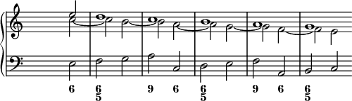 
\new PianoStaff <<
<< % wegen Generalbass
   \new Staff <<
    \set Score.tempoHideNote = ##t
    \tempo 4 = 160
    \override Staff.TimeSignature.transparent = ##t
     <<
     \new Voice = "first"
       \relative c''
         { \voiceOne s2 e d1 c b a g \bar "" }
     \new Voice = "second"
       \relative c'
         { \voiceTwo s2 c' ~ c b ~ b a ~ a g ~ g f ~ f e }
     >>
     >>
    \new Staff <<
           \override Staff.TimeSignature.transparent = ##t
              \clef "bass"
              \relative c { s e f g a c, d e f a, b c }
     >>
 >>
  \new FiguredBass {
    \figuremode { <_>2 <6> <6 5> <_> <9> <6> <6 5> <_> <9> <6> <6 5> <_> }
   }
>> % wegen Generalbass
