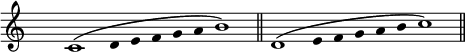  %p80s7 Septième
\relative c'{
\override Staff.TimeSignature #'transparent = ##t
\override Score.NonMusicalPaperColumn #'padding = #1
\time 13/4
c1^\( 
\override Stem #'stencil = ##f 
\override Stem #'length = #0 
d4 e f g a
\override Stem #'stencil = ##t 
\override Stem #'length = #3.5
b1\) \bar "||"  
d,1^\(
\override Stem #'stencil = ##f
\override Stem #'length = #0  
e4 f g a b
\override Stem #'stencil = ##t 
\override Stem #'length = #3.5
c1\) \bar "||"
}
