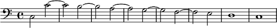  { \Staf baru << \Suara baru \relatif c' { \stemDown \clef bass \kunci c \utama \waktu 4/4 \tempo 1 = 60 \mengatur Skor.tempoHideNote = ##t c,2 c'~ c b~ b~ g~ g f~ f e d1 c } >> } 