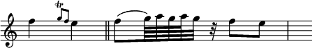 
\language "italiano"
melody = \relative do'' {
  \time 2/4
  fa4 \grace { sol8\trill fa } mi4 \bar "||" fa8[( sol64) la sol la sol32] r fa8[ mi] | \hideNotes fa32
}
\score {
   {  \melody }
  \layout {
    \context { \Staff \RemoveEmptyStaves \remove Time_signature_engraver }
    indent = 0\cm
    line-width = #120
    \override Score.BarNumber #'stencil = ##f
  }
  \midi { }
}
\header { tagline = ##f}
