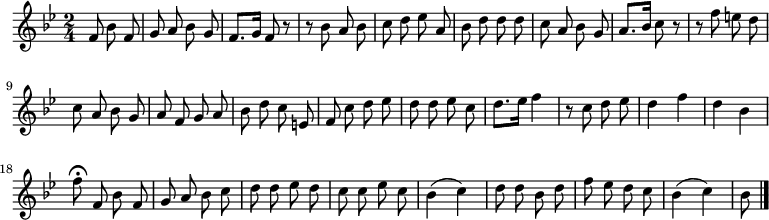 
\relative c' {
  \key bes \major
  \time 2/4
  \partial 4.
  \autoBeamOff
  f8 bes f
  g a bes g
  f8.[ g16] f8 r
  r bes a bes
  c d es a,
  bes d d d
  c a bes g
  a8.[ bes16] c8 r

  r f e d
  c a bes g
  a f g a
  bes d c e,
  f c' d es
  d d es c
  d8.[ es16] f4
  r8 c d es
  d4 f
  d bes

  f'8\fermata f, bes f
  g a bes c
  d d es d
  c c es c
  bes4( c)
  d8 d bes d
  f es d c
  bes4( c)
  bes8
  \bar "|."
}
