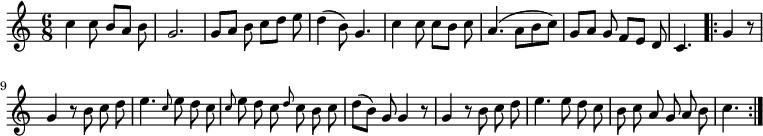 
\relative c'' {
  \key c \major
  \time 6/8
  \set Timing.beatStructure = #'(2 1 2 1) %réglage ligatures
  c4 c8 b a b
  g2.
  g8 a b c d e
  d4( b8) g4.
  c4 c8 c b c
  a4.( a8[ b c])
  g a g f e d
  c4.
  \autoBeamOff
  \repeat volta 2 {
    g'4 r8

    g4 r8 b c d
    e4. \grace c8 e d c
    \grace c e d c \grace d c b c
    d[( b]) g g4 r8
    g4 r8 b c d
    e4. e8 d c
    b c a g a b
    c4.
  }
}
