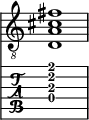  
<<
  %\override Score.BarLine.break-visibility = ##(#f #t #t)
  \time 1/1
    \new Staff  {
    \clef "treble_8"
        \once \override Staff.TimeSignature #'stencil = ##f
        <  d a cis' fis'>1
    }

     \new TabStaff {
       \override Stem #'transparent = ##t
       \override Beam #'transparent = ##t 
      <  d\4 a\3 cis'\2 fis'\1>1
  }
>>
