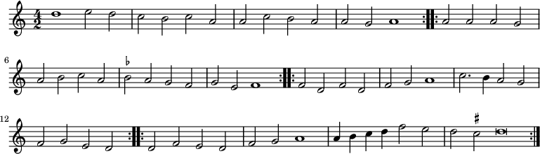 { \time 4/2 \relative d'' { \set suggestAccidentals = ##t \repeat volta 2 { d1 e2 d | c b c a | a c b a | a g a1 } \repeat volta 2 { a2 a a g | a b c a | bes a g f | g e f1 } \repeat volta 2 { f2 d f d | f g a1 | c2. b4 a2 g | f g e d } \repeat volta 2 { d f e d | f g a1 | a4 b c d f2 e | d cis d\breve*1/2 } } }