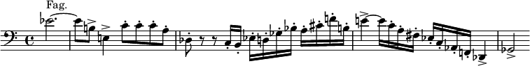 {\clef bass \partial 2.
es'2.~^\markup{Fag.}
es'8 b!\accent e!4\accent c'8\staccato c'\staccato c'\staccato a\staccato
des8\staccato r8 r8 c16\staccato b,\staccato es\staccato d\staccato ges\staccato bes\staccato a\staccato cis'\staccato f'!\staccato b!\staccato
e'!4\accent~ e'16 c'\staccato a\staccato fis\staccato es\staccato c\staccato as,\staccato f,!\staccato des,4\accent
ges,2\accent
}