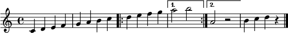 
sAltTwo = { a,2 r }

sAltOne = { a2 b }

sEnd = { b4 c d r \bar "|." }

sVolta = { d e f g }

sBeginning = { c'4 d e f | g a b c | }

\paper { #(set-paper-size "a4")
 oddHeaderMarkup = "" evenHeaderMarkup = "" }
\header { tagline = ##f }
\version "2.18.2"
\score {
\midi {  }
\layout { line-width = #180
indent = 0\cm}
\new Staff { \time 4/4 \relative c { \sBeginning \repeat volta 2 \sVolta \alternative { \sAltOne \sAltTwo } \sEnd } } }