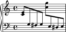 
\new PianoStaff <<
  \new Staff = "up" {
    <e' c'>8
    \change Staff = "down"
    g8 fis g
    \change Staff = "up"
    <g'' c''>8
    \change Staff = "down"
    e8 dis e
    \change Staff = "up"
  }
  \new Staff = "down" {
    \clef bass
    % keep staff alive
    s1
  }
>>
