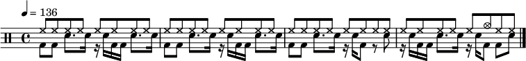 
\version "2.18.2"

\new DrumStaff { \tempo 4 = 136 \omit Score.BarNumber <<
  \new DrumVoice { \voiceOne \drummode {
    \repeat unfold 28 hh8
    hh cymc hh hh |
  } }
  \new DrumVoice { \voiceTwo \drummode {
    \repeat unfold 2 { bd8 bd sn8. sn16 r sn bd bd sn8. sn16 | }
    bd8 bd sn8. sn16 r sn bd8 r sn |
    r16 sn bd bd sn8. sn16 r sn bd8 bd sn | \bar "|."
  } }
>> }
