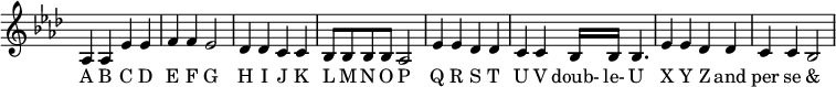 
{
\override Score.TimeSignature #'stencil = ##f
\relative c' {
   \clef treble 
   \time 4/4
   \key aes \major
   aes4 aes es' es f f es2 des4 des c c bes8 bes bes bes aes2 es'4 es des des c c bes16 bes bes4. es4 es des des c c bes2
} 
\addlyrics { A B C D E F G H I J K L M N O P Q R S T U V doub- le- U X Y Z and per se & }
}
