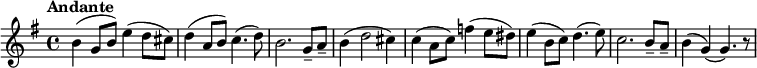 {\ tecla sol \ mayor \ tempo "Andante" b'4 (sol'8 b'8) e''4 (d''8 cis''8) d''4 (a'8 b'8) c ' '4. (d''8) b'2.  g'8-- a'8-- b'4 (d''2 cis''4) c''4 (a'8 c''8) f''4 (e''8 dis''8) e''4 (b'8 c''8) d''4. (e''8) c''2.  b'8-- a'8-- b'4 (g'4) (g'4.) r8}