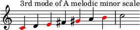 
{
\override Score.TimeSignature #'stencil = ##f
\relative c' { 
  \clef treble \time 7/4 \key a \minor
  \once \override NoteHead.color = #red c4^\markup { "3rd mode of A melodic minor scale" } d \once \override NoteHead.color = #red e fis \once \override NoteHead.color = #red gis a \once \override NoteHead.color = #red b c2 }
}
