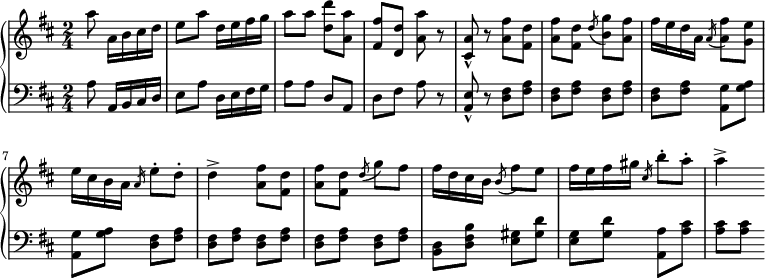 
 \relative c' {
 \new PianoStaff <<
  \new Staff { \key b \minor \time 2/4 \partial 4.
%  \tempo \markup { }
  a''8 a,16 b cis d e8 a d,16 e fis g a8 a <d d,> <a a,> <fis fis,> <d d,> <a' a,> r <a, cis,>-^ r <fis' a,>8 <d fis,> <fis a,> <d fis,> \slashedGrace d( <g b,>) <fis a,> fis16 e d a \slashedGrace a( <fis' a,>8) <e g,> e16 cis b a \slashedGrace a e'8-. d-. d4-> <fis a,>8 <d fis,> <fis a,> <d fis,> \slashedGrace d8( g) fis fis16 d cis b \slashedGrace b8( fis') e fis16 e fis gis \slashedGrace cis, b'8-. a-. a4->
  }
  \new Staff { \key b \minor \time 2/4 \clef bass
  a,,8 a,16 b cis d e8 a d,16 e fis g a8 a d,8 a d fis a r <a, e'>-^ r <d fis>8 <fis a> <d fis> <fis a> <d fis> <fis a> <d fis> <fis a> <g a,>8 <g a> <g a,> <g a> <d fis> <fis a> <d fis> <fis a> <d fis> <fis a> <d fis> <fis a> <d fis> <fis a> <d b> <d fis b> <e gis>8 <gis d'> <e g> <g d'> <a, a'> <a' cis> <a cis> <a cis> 
  }
 >>
 }
