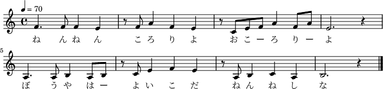 {
\key c \major \time 4/4 \tempo 4 = 70 \set Staff.midiInstrument = #"violin" \relative g' {
 f4. f8 f4 e4| r8 f8 a4 f4 e4| 
 r8 c8 e8 f8 a4 f8 a8| e2. r4| \break
 a,4. a8 b4 a8 b8| r8 c8 e4 f4 e4| 
 r8 a,8 b4 c4 a4| b2. r4 \bar "|."
 }
\addlyrics {
ね ん ね ん こ ろ り よ
お こ ー ろ り ー よ
ぼ う や は ー よ い こ だ
ね ん ね し な
 }
}
