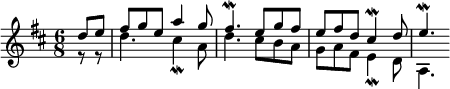 
\language "italiano"
porteeA = \relative do'' {
  \time6/8
  \key re \major
   << { \voiceOne
         \partial 4 re8 mi | fad[ sol mi] la4 sol8 | fad4.\mordent mi8[ sol fad] | mi[ fad re] dod4\mordent re8 | mi4.\mordent
      } 
     \new Voice { \voiceTwo 
         \partial 4 r8 r | re4. dod4\mordent la8 | re4. dod8[ si la] | sol[ la fad] mi4\mordent re8 | la4.
     } 
   >> 
}
\score {
    \new Staff = "mel" <<
      \clef "treble" 
      \new Voice = "mel"  { \porteeA }
    >>
  \layout {
    \context { \Staff \RemoveEmptyStaves }
    indent = 0\cm
    \override Score.BarNumber #'stencil = ##f
    line-width = #120
  }
  \midi { }
 }
\header { tagline = ##f}
