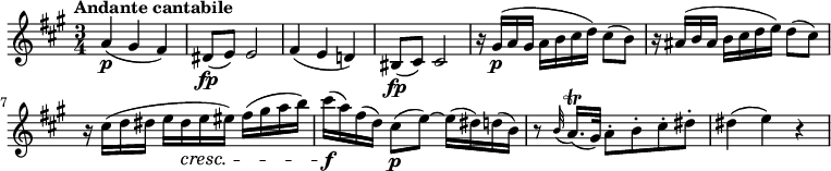 
\relative c'' {
  \version "2.18.2"
  \key a \major
  \time 3/4
  \tempo "Andante cantabile"
  \tempo 4 = 70
  a4\p  (gis fis)
  dis8\fp (e) e2
  fis4 (e d!)
  bis8\fp (cis) cis2
  r16 gis'\p (a gis a b cis d) cis8 (b)
  r16 ais (b ais b cis d e) d8 (cis)
  r16 cis (d dis e dis\cresc e eis) fis (gis a b)
  cis\f (a) fis (d) cis8\p (e) ~ e16 (dis) d (b)
  r8 \grace b32 (a16.)\trill (gis32) a8-. b-. cis-. dis-.
  dis4 (e) r

}
