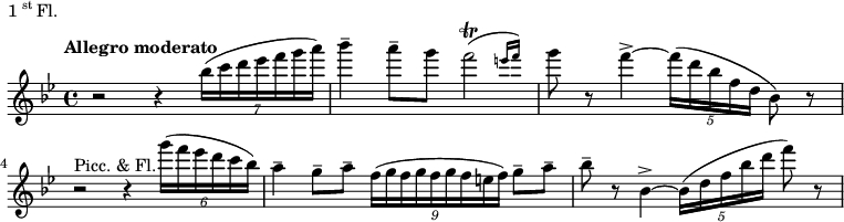 
\header {
  piece = \markup \line {1\super{st} Fl.}
}
\new Staff \with {midiInstrument = "flute"} \relative c'' {
  \key bes \major
  \tempo "Allegro moderato"
  r2 r4 \tuplet 7/4 {bes'16( c d ees f g a)}
  bes4\tenuto a8\tenuto g \afterGrace f2(\trill {e16 f)}
  g8 r f4~\accent \tuplet 5/4 {f16( d bes f d} bes8) r
  r2^"Picc. & Fl." r4 \tuplet 6/4 {g''16( f ees d c bes)}
  a4\tenuto g8\tenuto a\tenuto \tuplet 9/4 {f16( g f g f g f e f)} g8\tenuto a\tenuto
  bes\tenuto r bes,4~\accent \tuplet 5/4 {bes16( d f bes d} f8) r
}
