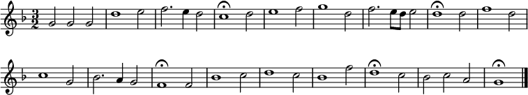 
\new Staff << \set Staff.midiInstrument = "trąbka" \override Score.BarNumber #'transparent = ##t \time 3/2 \key f \major \relative c'' { g2 gg |  d'1 e2 |  f2.  e4 d2 |  c1\fermata d2 |  e1 f2 |  g1 d2 |  f2.  e8 d e2 |  d1\fermata d2 |  f1 d2 |  c1 g2 |  bes2.  a4 g2 |  f1\fermata f2 |  bes1 c2 |  d1 c2 |  bes1 f'2 |  d1\fermata c2 |  bes2 ca |  g1\fermata \bar "|."  } >> \layout { wcięcie = #0 } \midi { \tempo 2 = 120 }
