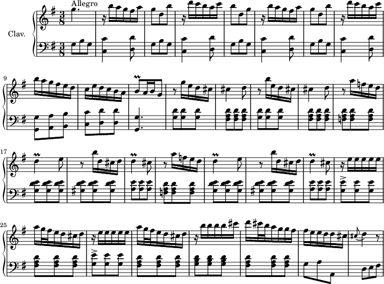 
\version "2.18.2"
\header {
  tagline = ##f
  % composer = "Domenico Scarlatti"
  % opus = "K. 152"
  % meter = "Allegro"
}

%% les petites notes
trillD     = { \tag #'print { d4\prall } \tag #'midi { e32 d e d~ d8 } }
trillBq    = { \tag #'print { b8\prall } \tag #'midi { b32 c b c } }

upper = \relative c'' {
  \clef treble 
  \key g \major
  \time 3/8
  \tempo 4. = 72
  \set Staff.midiInstrument = #"harpsichord"
  \override TupletBracket.bracket-visibility = ##f

      s8*0^\markup{Allegro}
      g'4. | r16 b16 a g fis a | g8 d b' | r16 d16 c b a c | b8 d, g |
      % ms. 6
      r16 b16 a g fis a | g8 d b' | r16 d16 c b a c | b a g fis e d | c e d c b a |
      % ms. 11
      \trillBq a16 b   \tempo 4. = 30 g8   \tempo 4. = 72 | r8 g'16 e d cis | cis4 d8 | r8 b'16 e, d cis | cis4 d8 | 
      % ms. 16
      \repeat unfold 2 { r8 a'16 f e d | \trillD e8 | r8 b'16 d, cis d | \trillD cis8 }
      % ms. 24
      \repeat unfold 2 { r16 e16 e e e e | a g32 fis e16 d cis d } |
      % ms. 28
      r16 b'16 b b b cis | d cis32 b a16 g g fis | fis e e d d cis |
      % ms. 31
      \appoggiatura cis8 d4 r8

}

lower = \relative c' {
  \clef bass
  \key g \major
  \time 3/8
  \set Staff.midiInstrument = #"harpsichord"
  \override TupletBracket.bracket-visibility = ##f

    % ************************************** \appoggiatura a16  \repeat unfold 2 {  } \times 2/3 { }   \omit TupletNumber 
      \repeat unfold 4 { g8 b g | < c, c' >4 < d d' >8 }
      % ms. 9
      < g, g' >8 < a a' > < b b' > | < c c' > < d d'> q |
      % ms. 11
      < g, g' >4. | \repeat unfold 2 { < g' d' >8 q q | < fis a d > q q } | 
      % ms. 16
      < f a d >8 q q | < g d' e > q q | < gis d' e > q q | < a e' > q q | < f a d > q q |
      % ms. 21
      < g d' e > q q | < gis d' e > q q | < a e' > q q |
      % ms. 24
      \repeat unfold 2 { < g e' >-> q q | < fis a d > q q } | 
      % ms. 28
      < g b d > q q | < fis a d > q q | g8 a a, |
      % ms. 31
      d8 e fis | 

}

thePianoStaff = \new PianoStaff <<
    \set PianoStaff.instrumentName = #"Clav."
    \new Staff = "upper" \upper
    \new Staff = "lower" \lower
  >>

\score {
  \keepWithTag #'print \thePianoStaff
  \layout {
      #(layout-set-staff-size 17)
    \context {
      \Score
     \override SpacingSpanner.common-shortest-duration = #(ly:make-moment 1/2)
      \remove "Metronome_mark_engraver"
    }
  }
}

\score {
  \keepWithTag #'midi \thePianoStaff
  \midi { }
}
