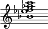 {
  % Rivin lopun pystyviiva ja tahtiosoitus piiloon.
  \override Score.BarLine.break-visibility = ##(#f #t #t)
  \override Staff.TimeSignature #'stencil = ##f
  
  <bes' ees'' f'' aes'' c'''>1
}
