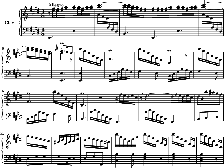 
\version "2.18.2"
\header {
 tagline = ##f
}

%% les petites notes
trillGqpAppoUp = { \tag #'print { \appoggiatura a'16 \stemUp gis8.\prall } \tag #'midi { a32 gis a gis~ gis16 } }
trillFisp = { \tag #'print { fis4.\prall } \tag #'midi { a32 fis a fis~ fis4 } }
trillB = { \tag #'print { b4\prall } \tag #'midi { cis32 b cis b~ b8 } }
trillBp = { \tag #'print { b4.\prall } \tag #'midi { cis32 b cis b~ b4 } }

upper = \relative c'' {
 \clef treble 
 \key e \major
 \time 3/8
 \tempo 2 = 52
 \set Staff.midiInstrument = #"harpsichord"
 \override TupletBracket.bracket-visibility = ##f

 s8*0^\markup{Allegro}
 r8 < e gis >16 < dis fis > < e gis > < fis a > | < gis b >8 < fis a >16 < e gis > < fis a > < gis b > | \stemUp < a cis >4.~ | \stemNeutral q16 q < gis b > < fis a > < e gis > < dis fis > | < e gis >8 q16 < dis fis > < e gis > < fis a >
 % ms. 6
 < gis b >8 < fis a >16 < e gis > < fis a > < gis b > | \stemUp < a cis >4.~ | \stemNeutral q16 q < gis b > < fis a > < e gis > < dis fis > | << { \trillGqpAppoUp fis16 e8 } \\ { e4 r8 } >> | b'16 gis e b gis e |
 % ms. 11
 \trillFisp | b'16 gis e b gis e | \trillB r8 | b''16 gis e b gis e | \trillFisp |
 % ms. 16
 b'16 gis e b gis e | \trillBp | R4. | r16 fis''16 e dis e cis \appoggiatura cis8 dis4.~ | dis16 fis e dis e cis |
 % ms. 22
 dis16 b b' ais gis fis | gis fis e dis cis b | ais cis fis, ais b dis | cis e dis cis b ais | b' fis dis b dis fis |
 % ms. 27
 b16 gis e b gis[ e] | b'' fis dis b fis[ dis] | b'' gis e b e,[ cis] | 

}

lower = \relative c' {
 \clef bass
 \key e \major
 \time 3/8
 \set Staff.midiInstrument = #"harpsichord"
 \override TupletBracket.bracket-visibility = ##f

 % **************************************
 e,,4. e' | \stemDown \change Staff = "upper" a'16 fis dis \stemUp \change Staff = "lower" a fis dis | \stemNeutral b4. e, |
 % ms. 6
 e' | \stemDown \change Staff = "upper" a'16 fis dis \stemUp \change Staff = "lower" a fis dis | \stemNeutral b4. | < e, e' >4. q
 % ms. 11
 \repeat unfold 3 { b'16 dis fis b a fis gis4 e8 }
 % ms. 17
 b4. | \repeat unfold 2 { b'16 dis b fis dis b | fis4. }
 % ms. 22
 b8 cis dis | e fis gis | fis8. e16 dis8 | e8 fis fis, < b b' >4 q8 |
 % ms. 27
 < e gis b >4 r8 | < dis fis b >4 r8 | < cis e b' >4 r8

}

thePianoStaff = \new PianoStaff <<
 \set PianoStaff.instrumentName = #"Clav."
 \new Staff = "upper" \upper
 \new Staff = "lower" \lower
 >>

\score {
 \keepWithTag #'print \thePianoStaff
 \layout {
 #(layout-set-staff-size 17)
 \context {
 \Score
 \override SpacingSpanner.common-shortest-duration = #(ly:make-moment 1/2)
 \remove "Metronome_mark_engraver"
 }
 }
}

\score {
 \keepWithTag #'midi \thePianoStaff
 \midi { }
}
