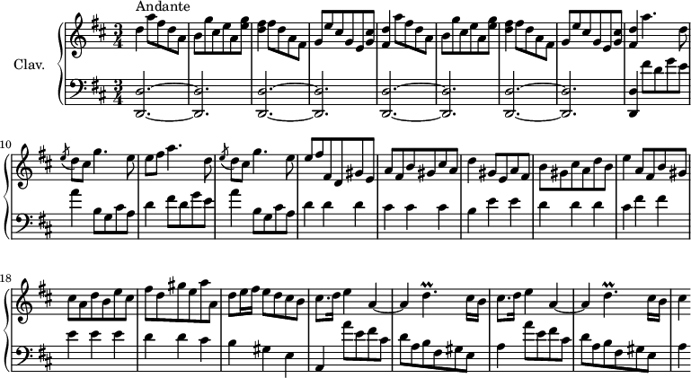 
\version "2.18.2"
\header {
  tagline = ##f
  % composer = "Domenico Scarlatti"
  % opus = "K. 281"
  % meter = "Allegro"
}

%% les petites notes
trillDp     = { \tag #'print { d4.\prall } \tag #'midi { e32 d e d~ d4 } }


upper = \relative c'' {
  \clef treble 
  \key d \major
  \time 3/4
  \tempo 4 = 106
  \set Staff.midiInstrument = #"harpsichord"
  \override TupletBracket.bracket-visibility = ##f

      s8*0^\markup{Andante}
      d4 \repeat unfold 2 { a'8 fis d a | b g' cis, e a, < e' g > | < d fis >4 fis8 d a fis | g e' cis g e < g cis >
      % ms. 5
      < fis d' >4 } a'4. d,8 
      % ms. 10
      \acciaccatura e8 d8 cis g'4. e8 | e8 fis a4. d,8 | \acciaccatura e8 d8 cis g'4. e8 | e8 fis fis, d gis e | a fis b gis cis a |
      % ms. 15
      d4 gis,8 e a fis | b gis cis a d b | e4 a,8 fis b gis | cis a d b e cis | fis d gis e a a, |
      % ms. 20
      d8 e16 fis e8 d cis b | \repeat unfold 2 { cis8. d16 e4 a,4~ | a4 \trillDp cis16 b } |
      % ms. 25
      cis4

}

lower = \relative c' {
  \clef bass
  \key d \major
  \time 3/4
  \set Staff.midiInstrument = #"harpsichord"
  \override TupletBracket.bracket-visibility = ##f

    % ************************************** \appoggiatura a16  \repeat unfold 2 {  } \times 2/3 { }   \omit TupletNumber 
      \repeat unfold 4 { < d,, d' >2.~ q  } | q4 \repeat unfold 2  { fis''8 d g e |
      % ms. 10
      a4 b,8 g cis a | d4 } d d  | cis cis cis |
      % ms. 15
      b4 e e | d d d | cis fis fis | e e e | d d cis |
      % ms. 20
      b4 gis e | a, \repeat unfold 2 { a''8 e fis cis | d a b fis gis e |
      % ms. 25
      a4 }

}

thePianoStaff = \new PianoStaff <<
    \set PianoStaff.instrumentName = #"Clav."
    \new Staff = "upper" \upper
    \new Staff = "lower" \lower
  >>

\score {
  \keepWithTag #'print \thePianoStaff
  \layout {
      #(layout-set-staff-size 17)
    \context {
      \Score
     \override SpacingSpanner.common-shortest-duration = #(ly:make-moment 1/2)
      \remove "Metronome_mark_engraver"
    }
  }
}

\score {
  \keepWithTag #'midi \thePianoStaff
  \midi { }
}
