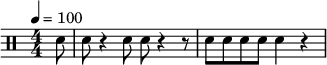 \drums {\tempo 4 = 100 \numericTimeSignature \time 4/4
\partial 8 sn8
8 r4 sn8 8 r4 r8
sn8 8 8 8 4 r4
}