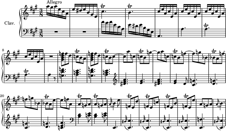 
\version "2.18.2"
\header {
  tagline = ##f
  % composer = "Domenico Scarlatti"
  % opus = "K. 62"
  % meter = "Allegro"
}

%% les petites notes
trillCispUp     = { \tag #'print { cis'4.\trill } \tag #'midi { d32 cis d cis~ cis4 } }
trillbpUp       = { \tag #'print { b4.\trill } \tag #'midi { cis32 b cis b~ b4 } }
trillAp         = { \tag #'print { a4.\trill } \tag #'midi { b32 a b a~ a4 } }
trillCq         = { \tag #'print { c8\trill } \tag #'midi { d32 c d c } }
trillBesq       = { \tag #'print { bes8\trill } \tag #'midi { c32 bes c bes } }
trillAq         = { \tag #'print { a8\trill } \tag #'midi { b32 a b a } }
trillFqDown     = { \tag #'print { f,8\trill } \tag #'midi { g32 f g f } }
trillFq         = { \tag #'print { f8\trill } \tag #'midi { g32 f g f } }
appoBp          = { \tag #'print { \appoggiatura a16 b4. } \tag #'midi { a8   \tempo 4. = 50 b4   \tempo 4. = 82 } }

upper = \relative c'' {
  \clef treble 
  \key a \major
  \time 3/8
  \tempo 4. = 82
  \set Staff.midiInstrument = #"harpsichord"
  \override TupletBracket.bracket-visibility = ##f

      s8*0^\markup{Allegro}
       a'16 gis a e cis a  e' dis e b gis e | \trillCispUp | \trillbpUp | \repeat unfold 4 { cis16 e a, cis e, a } |
      % ms. 9
      R4. | < gis b d f >8 f' d | \trillCq b a | 
      % ms. 12
      < gis b d f >8 f' d | \trillCq b c~ | c a' c, |  \trillCq b g'~ | g a c, |  \trillCq b f'~ |
      % ms. 18
      f8  g bes, | \trillBesq a8 f'~ | f g bes,8 | \trillBesq a8 e'~ | e  f a, | \trillAq g8 a |
      % ms. 24
      \trillAq g8 a | \appoggiatura a32 b4 e8 | \trillFqDown e8 d' | \trillFqDown e8 c' | \trillFqDown e8 b' | \trillFq e8 e' |
      % ms. 30
      a,8 g a | \appoBp |

}

lower = \relative c' {
  \clef bass
  \key a \major
  \time 3/8
  \set Staff.midiInstrument = #"harpsichord"
  \override TupletBracket.bracket-visibility = ##f

    % ************************************** \appoggiatura a16  \repeat unfold 2 {  } \times 2/3 { }   \omit TupletNumber 
      R4.*2 | a'16 gis a e cis a  e' dis e b gis e | a,4. |
      % ms. 6
      a'4. \trillAp \trillAp a4 r8 | \repeat unfold 2 { < g d' f >4. | < a c e > }
      % ms. 14
        \clef treble < dis fis a >4. < e gis > < dis fis a > < e gis >4 d8 |
      % ms. 18
      \repeat unfold 2 { < cis g' >4. < d g > } | < c e a >4.  |  \repeat unfold 2 { \clef bass <b d >4 < c e >8 } |
      % ms. 25
      e,,4. \repeat unfold 4 { \appoggiatura dis'32 < e, e' >4. }
      % ms. 30
      < e f' >4. \appoggiatura dis'16 < e, e' >4.

}

thePianoStaff = \new PianoStaff <<
    \set PianoStaff.instrumentName = #"Clav."
    \new Staff = "upper" \upper
    \new Staff = "lower" \lower
  >>

\score {
  \keepWithTag #'print \thePianoStaff
  \layout {
      #(layout-set-staff-size 17)
    \context {
      \Score
     \override SpacingSpanner.common-shortest-duration = #(ly:make-moment 1/2)
      \remove "Metronome_mark_engraver"
    }
  }
}

\score {
  \keepWithTag #'midi \thePianoStaff
  \midi { }
}
