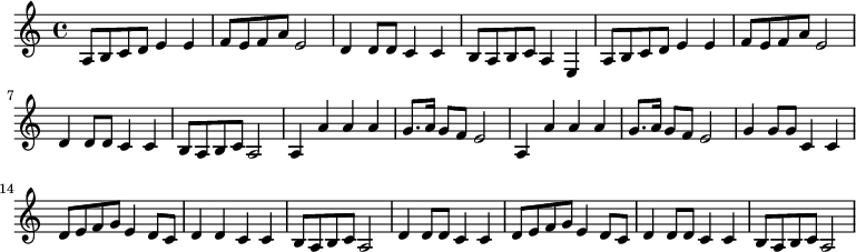 \\relative c' { a8 b c d e4 e f8 e f a e2 d4 d8 d c4 c b8 a b c a4 e a8 b c d e4 e f8 e f a e2 d4 d8 d c4 c b8 a b c a2 a4 a' a a g8. a16 g8 f e2 a,4 a' a a g8. a16 g8 f e2 g4 g8 g c,4 c d8 e f g e4 d8 c d4 d c c b8 a b c a2 d4 d8 d c4 c d8 e f g e4 d8 c d4 d8 d c4 c b8 a b c a2}